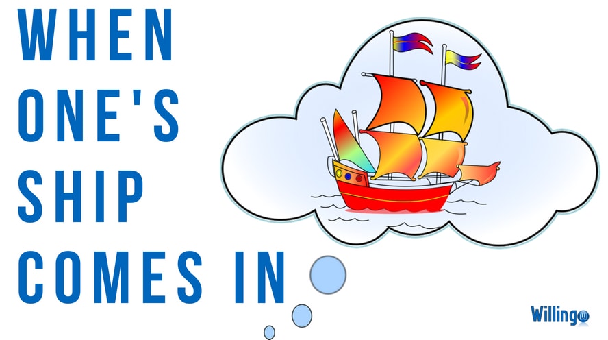 WHEN ONE’S SHIP COMES IN (Cũng dùng: wait for one’s ship to come in Nghĩa đen: Khi con tàu của mình cập bến Nghĩa rộng: Khi ai đó gặp vận may bất ngờ, đặc biệt là tiền bạc (when one gets an unexpected lucky gift, especially money) Tiếng Việt có cách nói tương tự: Khi vận may mỉm cười, khi thời vận đến… Ví dụ: [responsivevoice] Just give me a little more time to pay back the money I owe you. I don’t have it right now, but I will when my ship comes in. [/responsivevoice] Cho tôi khất thêm ít bữa. Giờ tôi chưa có tiền trả. Nhưng tôi sẽ có khi thời cơ đến. [responsivevoice] They keep saying that all their problems will be solved when they get rich. They’re always waiting for their ship to come in, but it never will. [/responsivevoice] Lúc nào họ cũng bảo rằng tất cả vấn đề của họ sẽ được giải quyết khi họ giàu lên. Họ chỉ ngồi chờ sung, mà sung thì sẽ chẳng bao giờ rụng. Nguồn gốc: Có thể thành ngữ này xuất phát từ các lái buôn. Khi tàu cập bến mang theo hàng hóa của họ là họ có tiền. Cách dùng: Có hai phiên bản: • When one’s ship comes in • Wait for one’s ship to come in Lưu ý: dùng đầy đủ come in. • When one’s ship comes • Wait for one’s ship to come